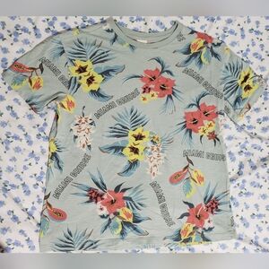 H&M Light Turquoise Miami Cruise Patterned Cotton T-shirt Size M Floral Tropical